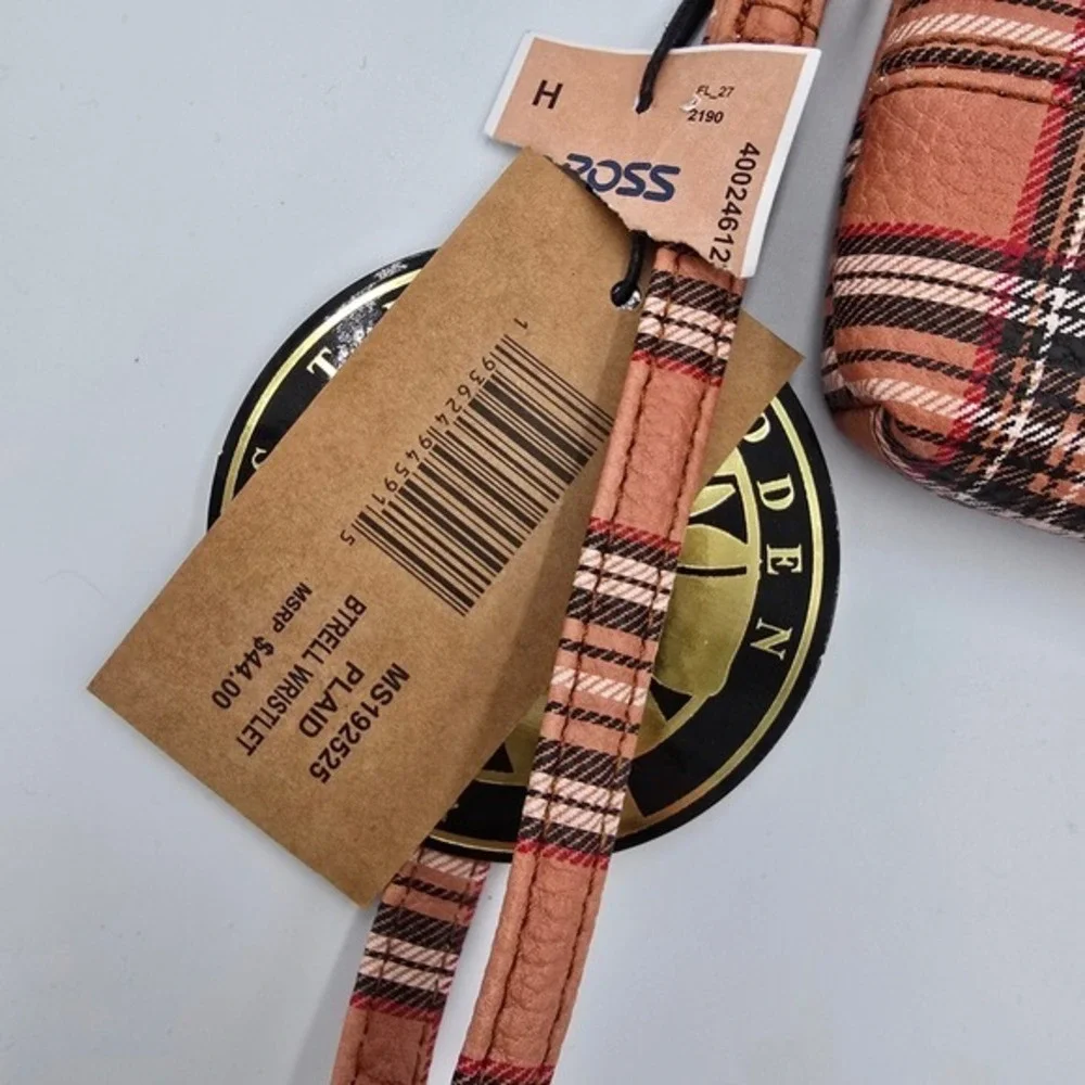 New Steve Madden Plaid Wristlet Small Pouch Zip Around Tan Red Black‎